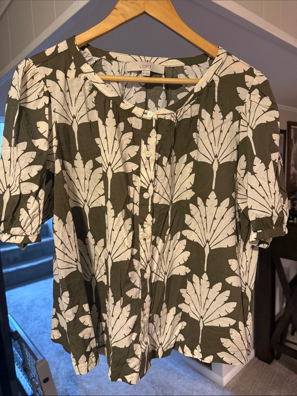 LOFT Olive Green & White Botanical Button-Front Top